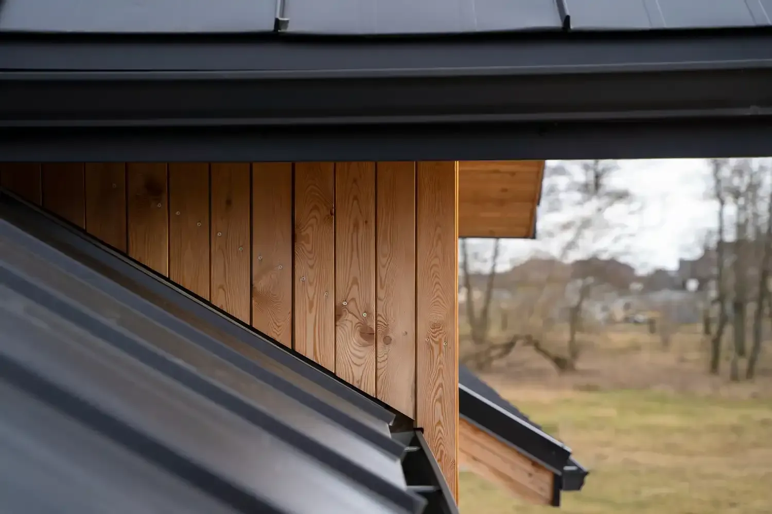 Black roof eaves over natural wood siding, against a blurred outdoor scene.