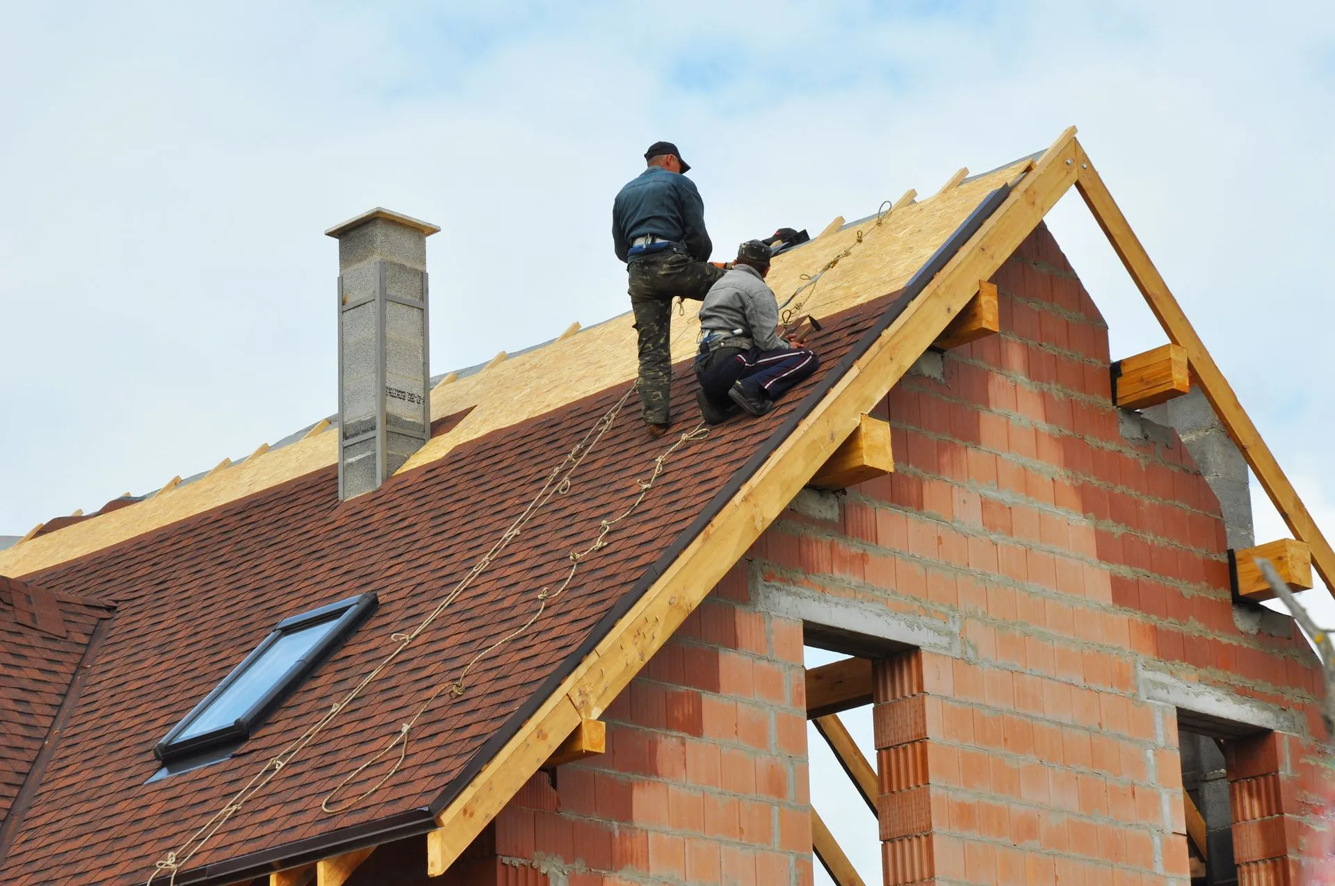 Roofers building a new roof with wood framing on a brick home under construction.