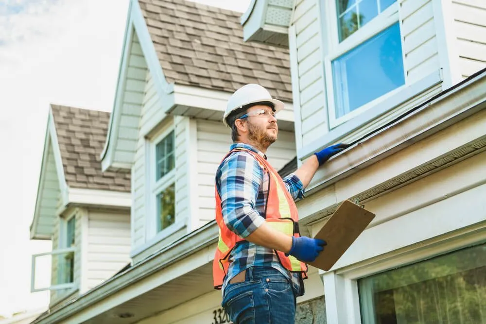Inspector in a hard hat and safety vest examining a home's roofline and gutters.